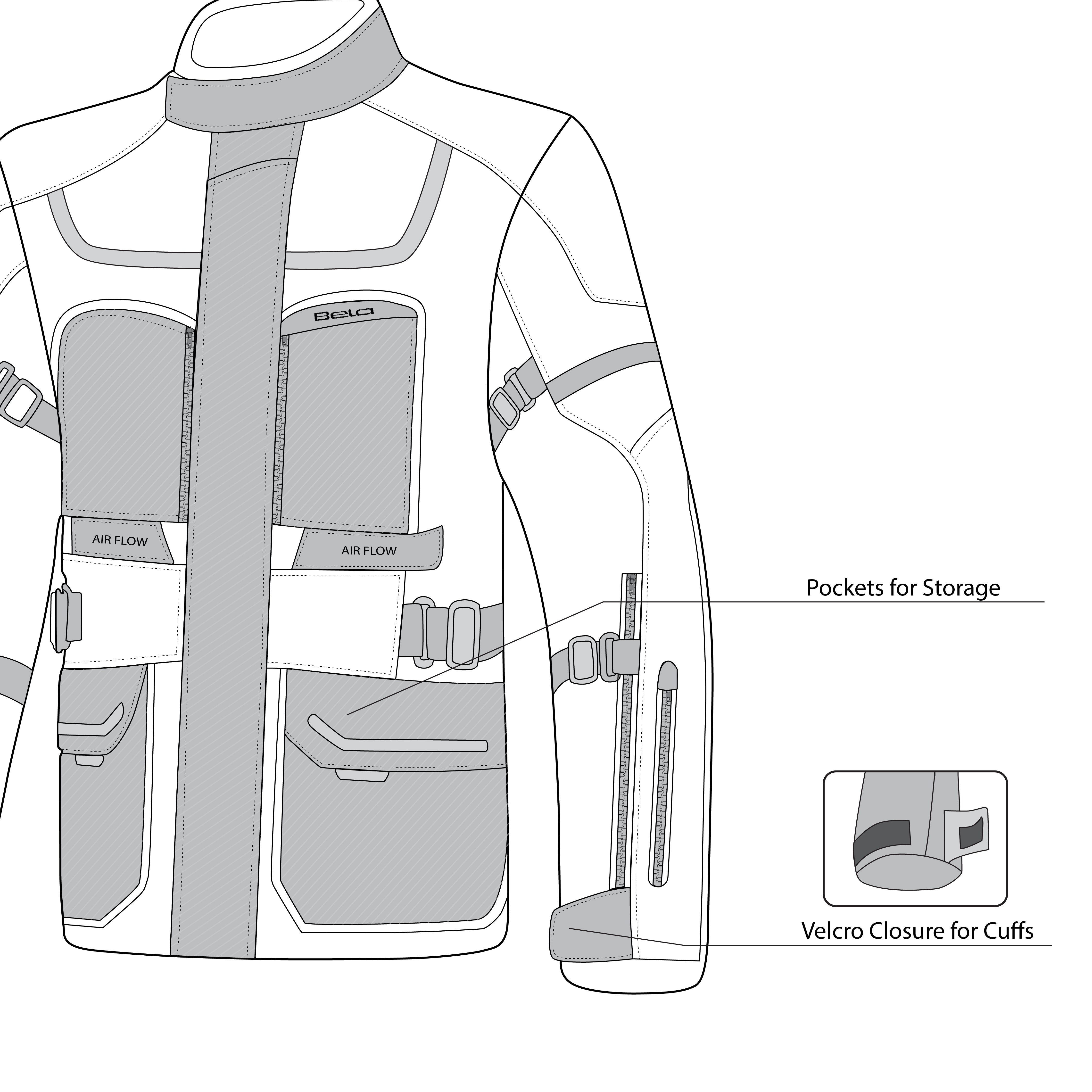 infographic sketch bela transformer the winter jacket black and red front bottom side view