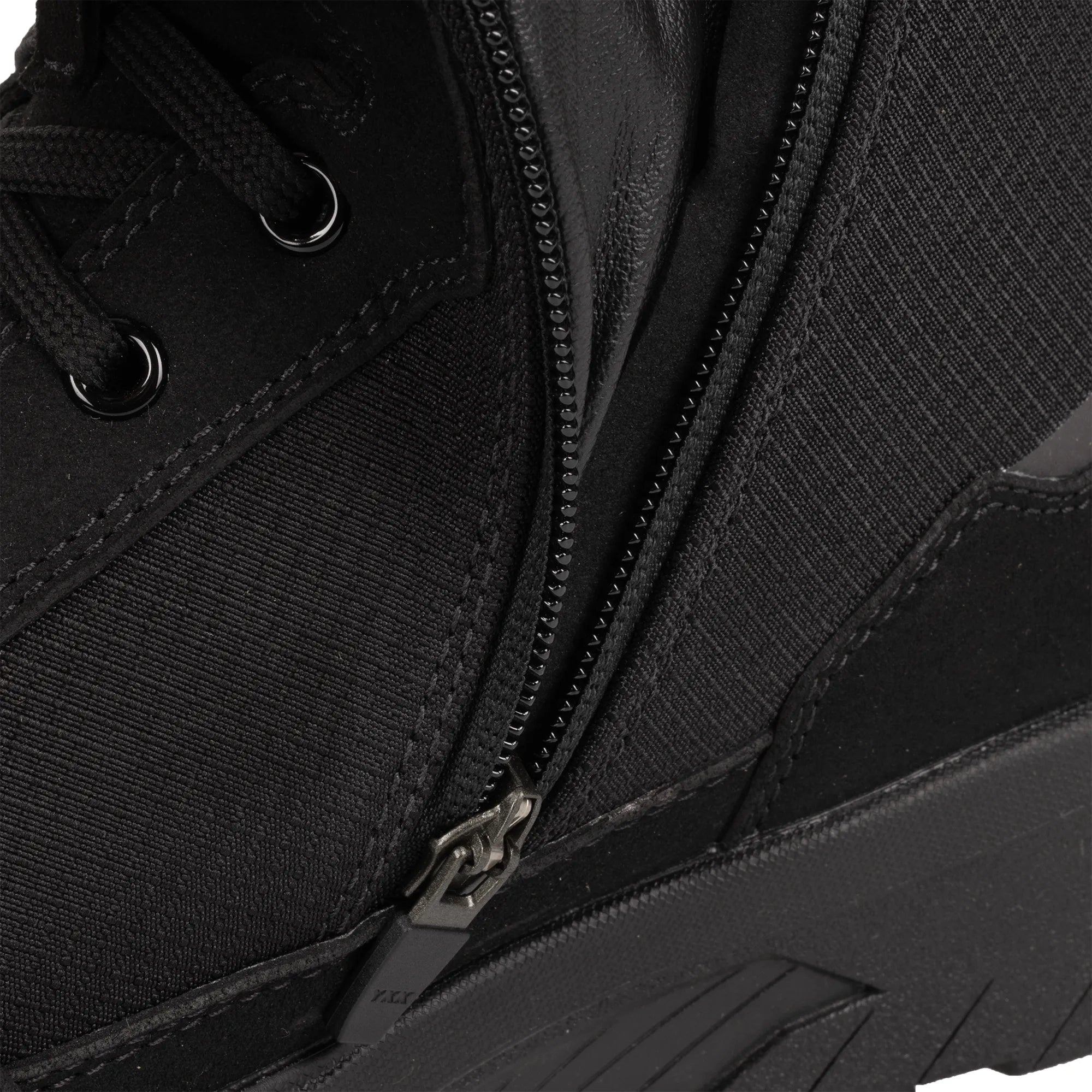 Close-up of a black boot with a zipper