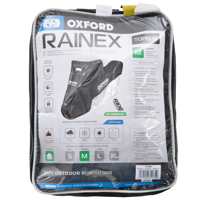 Oxford Rainex Outdoor Motorcycle Cover with Solar Charger Pocket Black White 