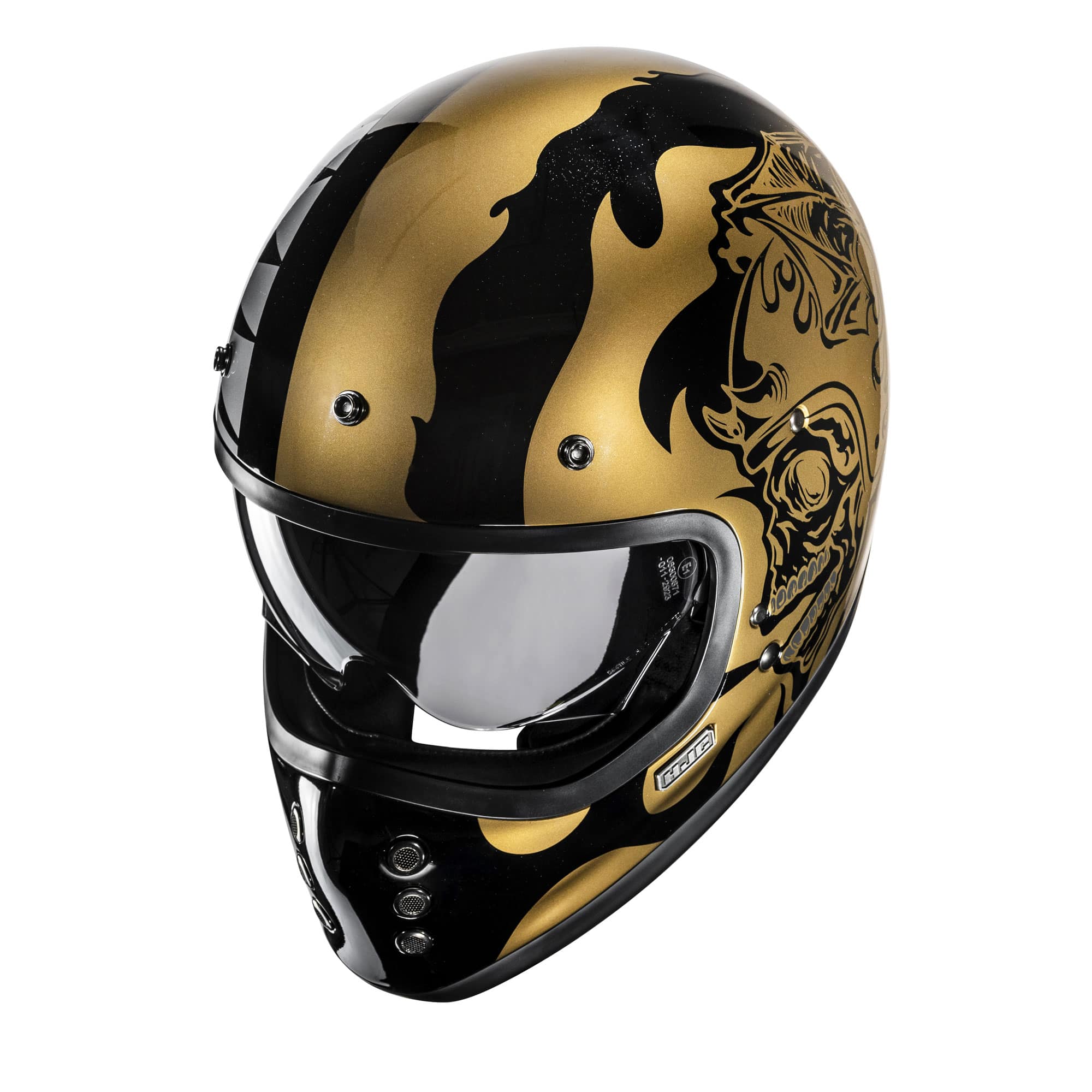 "HJC V60 helmet – gold flame design