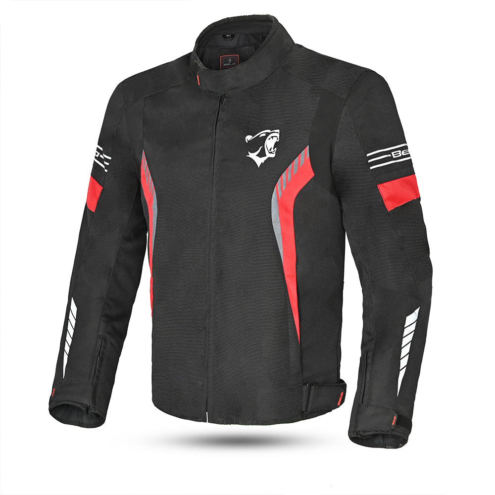 bela bradley textile motorbike jacket black and red front side view