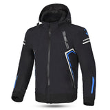 bela breeze softshell hoodie black and blue front side view