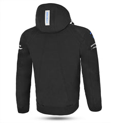 bela breeze softshell hoodie black and blue back side view