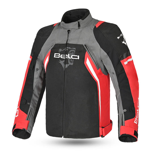 bela cordaniel textile jacket black, gray and red front side view