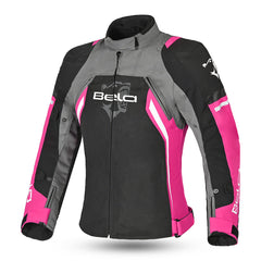 bela elanur lady textile jacket black, dark gray and pink front side view