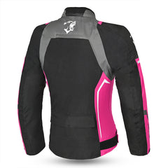 bela elanur lady textile jacket black, dark gray and pink back side view