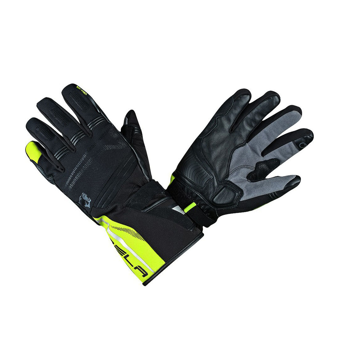 bela iglo black, yellow flouro and gray gloves front and back side view