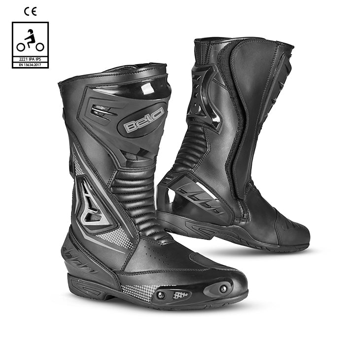 bela master man racing boot black and gray front and back view