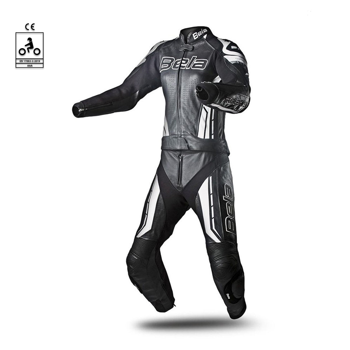 Bela Rocket Lady black and white 2 PC Motorcycle Racing Suit front side view