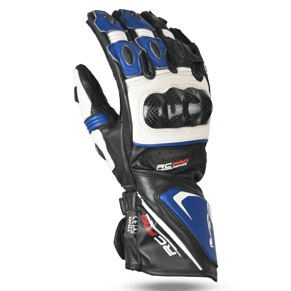 bela rocket long black, white and blue gloves back side view