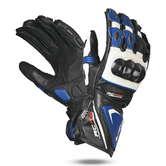 bela rocket long black, white and blue gloves front and back side view