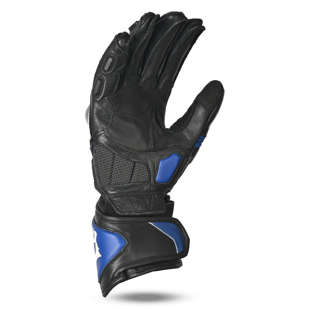 bela rocket long black, white and blue gloves front side view