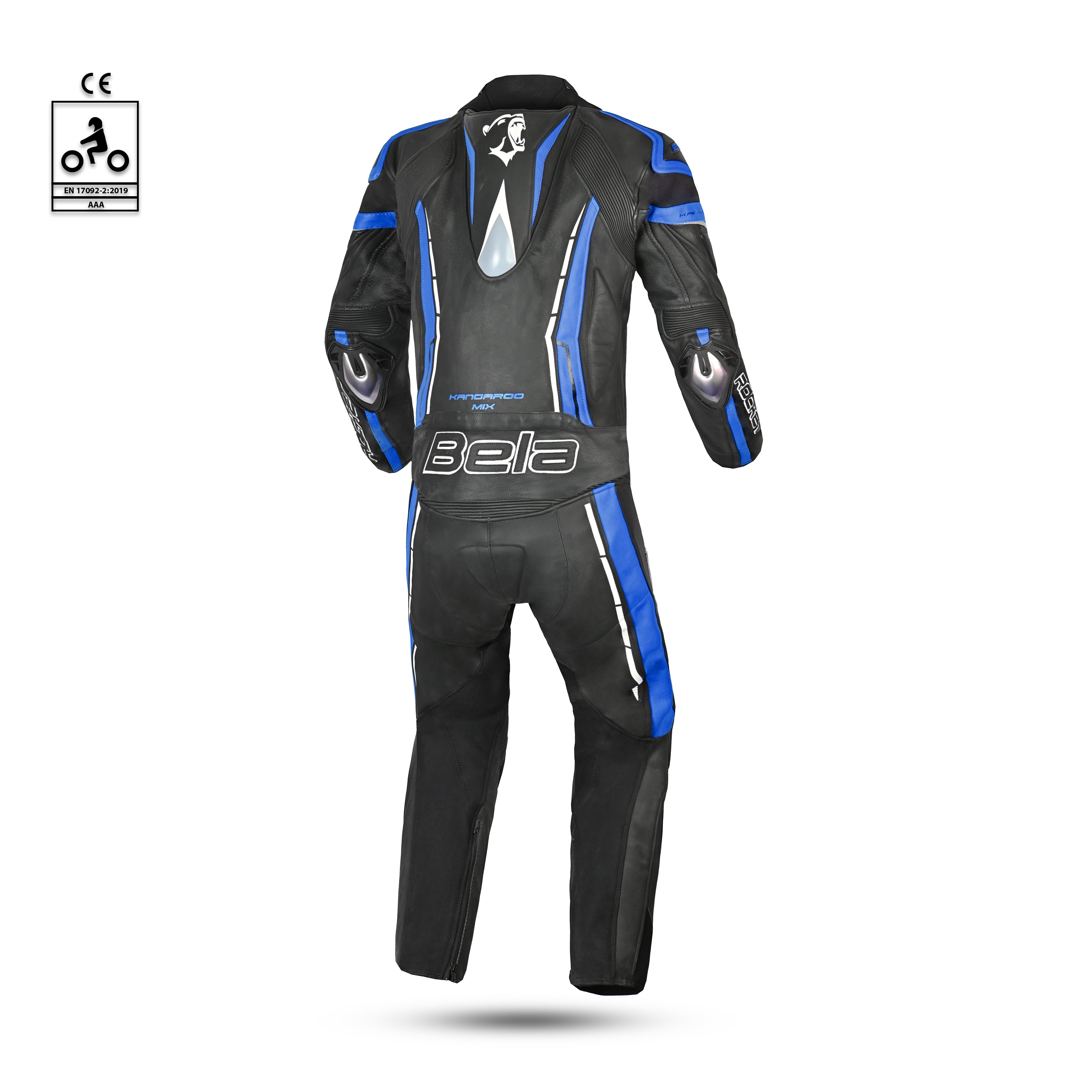 bela rocket man mix kangaroo 2 pc black and blue racing suit back side view 