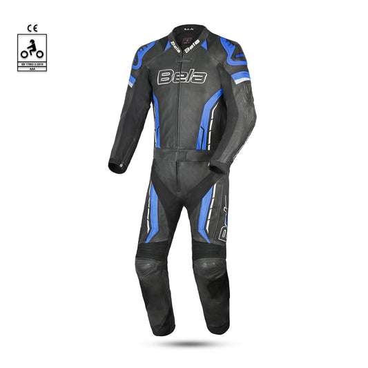 bela rocket man mix kangaroo 2 pc black and blue racing suit front side view 