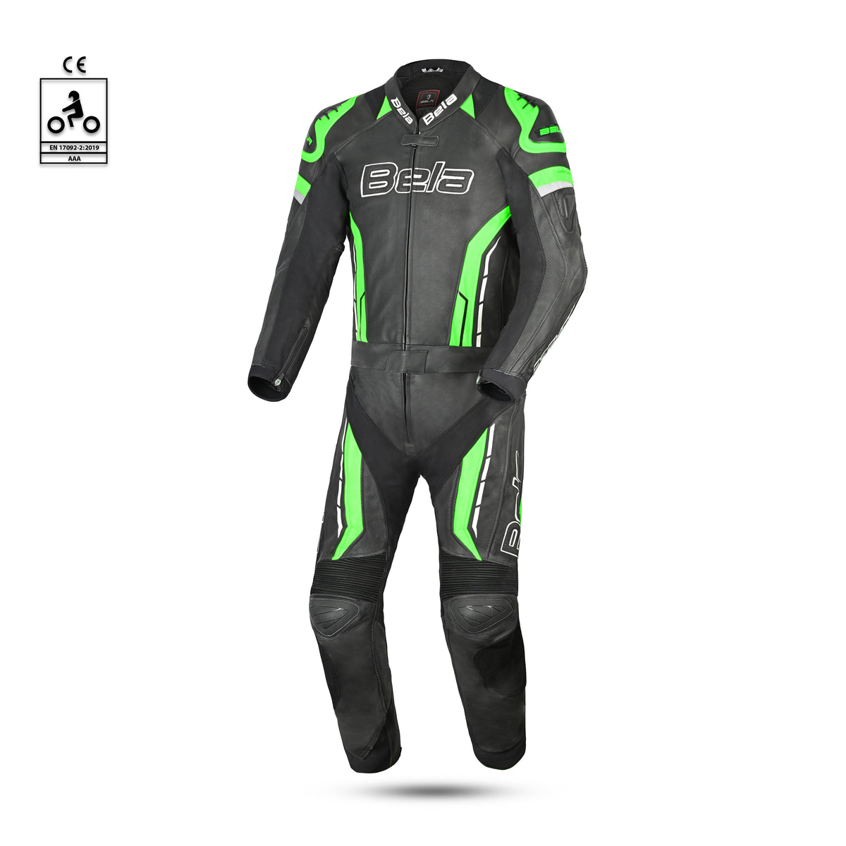 bela rocket man mix kangaroo 2 pc black and green racing suit front side view 