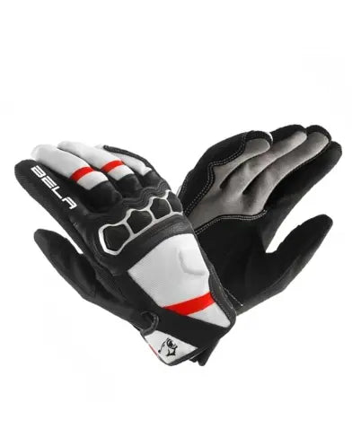 bela tracker black, red and white gloves whole view
