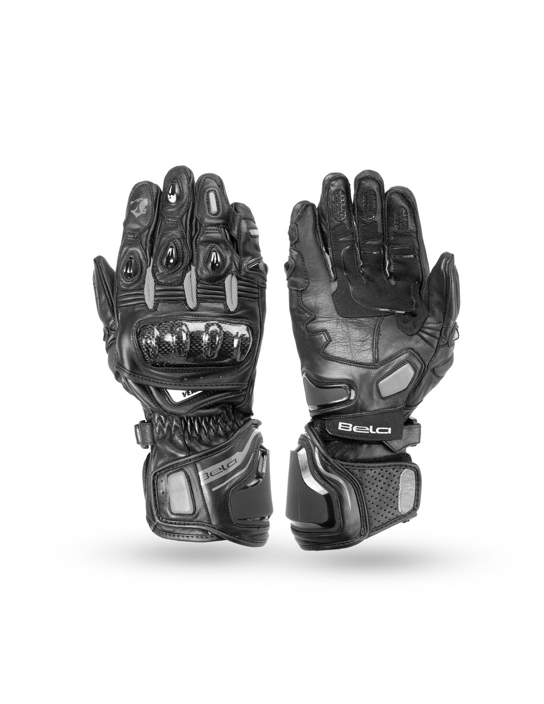bela venom rs racing lady black and gray gloves front and back side view