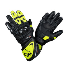 bela rocket long black and yellow flouro gloves front and back side view