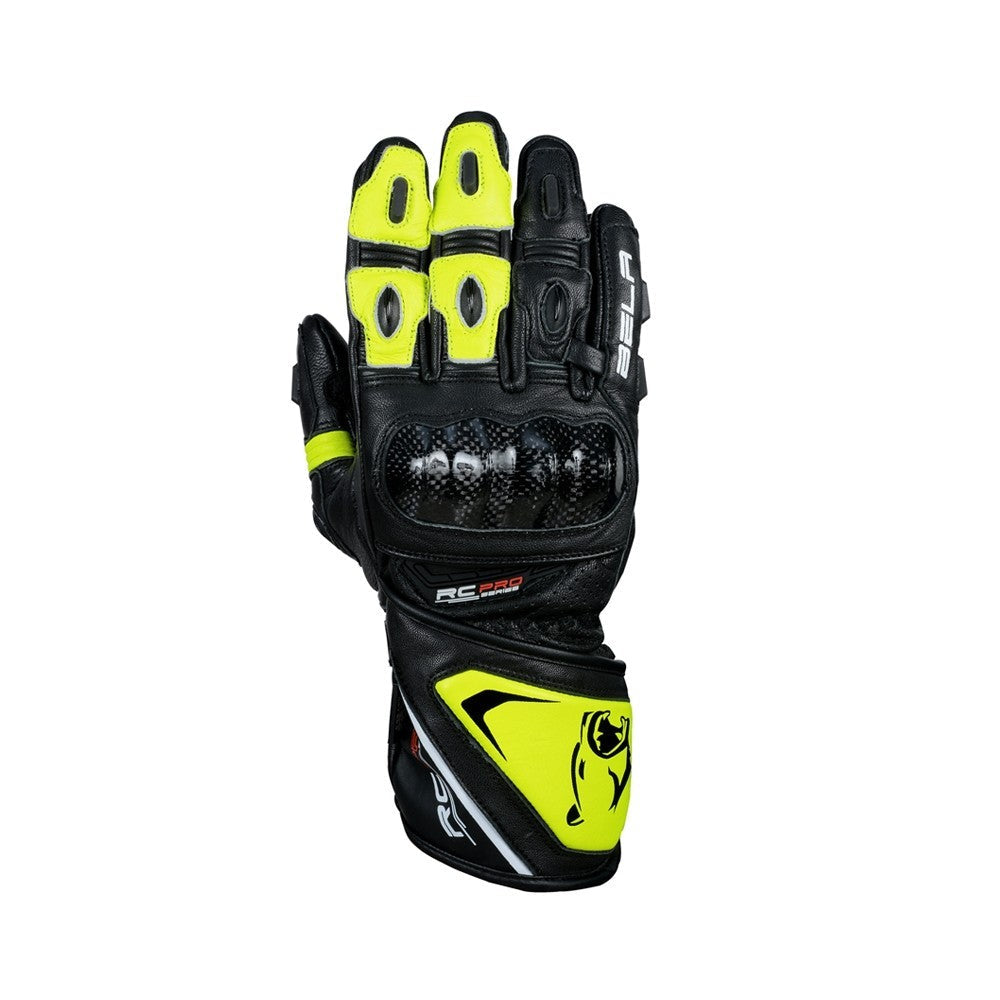 bela rocket long black and yellow flouro gloves back side view