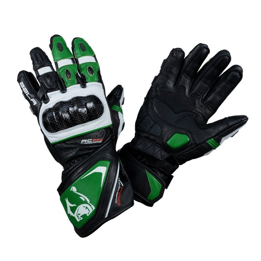 bela rocket long black, white and green gloves front and back side view
