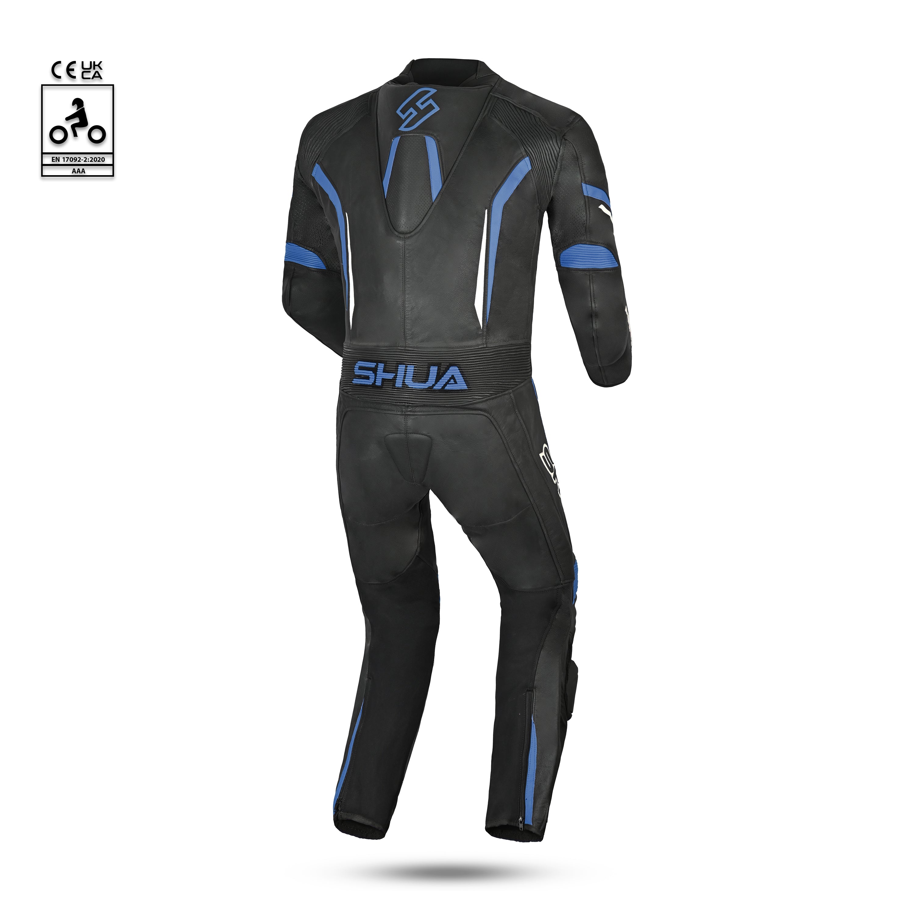 shua infinity 1 pc black and blue racing suit back side view 