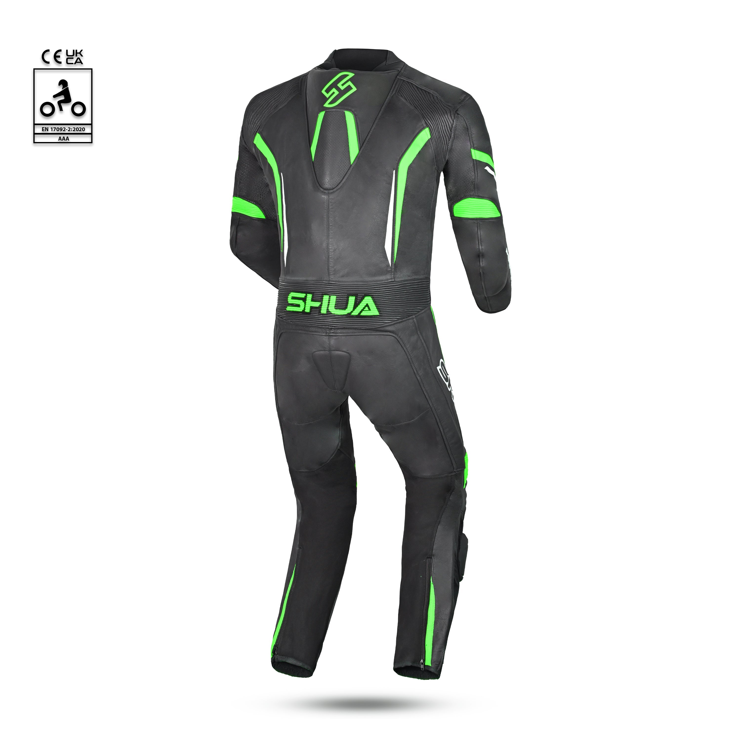 shua infinity 1 pc black and green racing suit back side view 