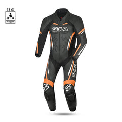 shua infinity 1 pc black and orange racing suit front side view 