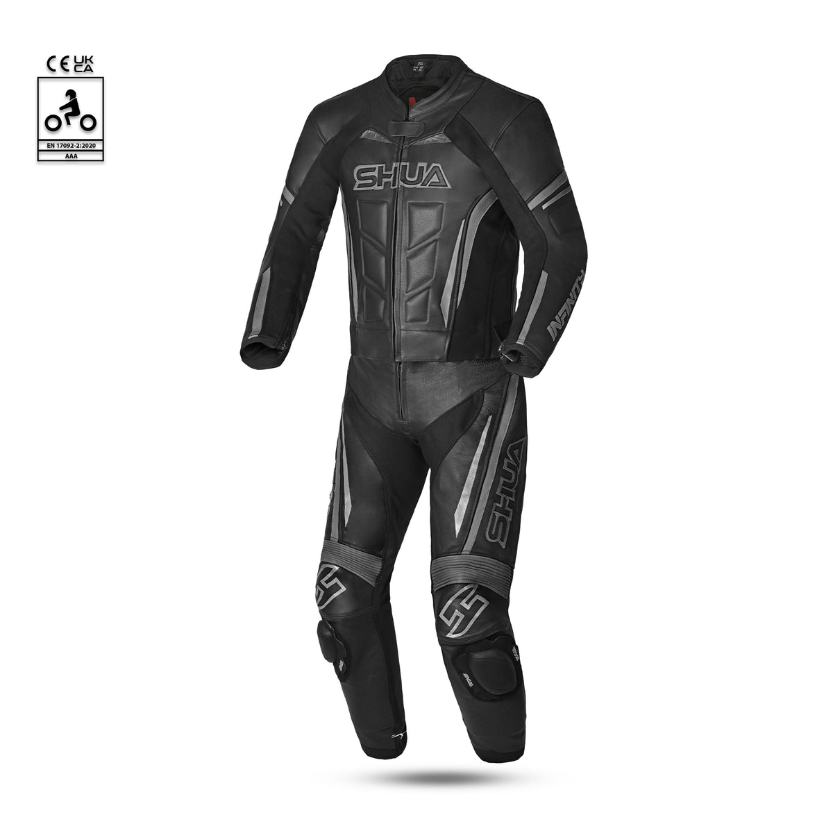 shua infinity 2 pc black and dark grey racing suit front side view