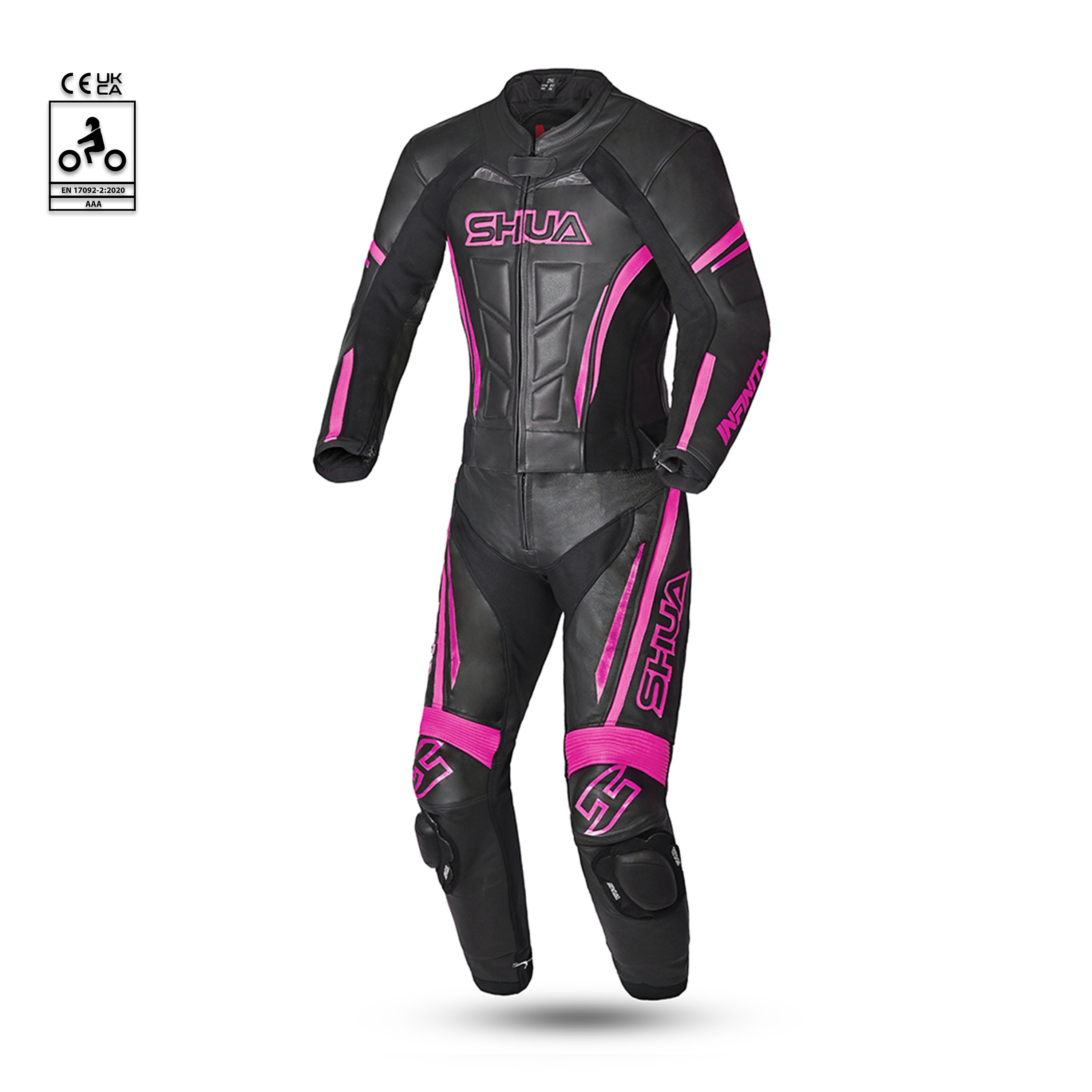shua infinity lady 2 pc black and fuschia racing suit front side view
