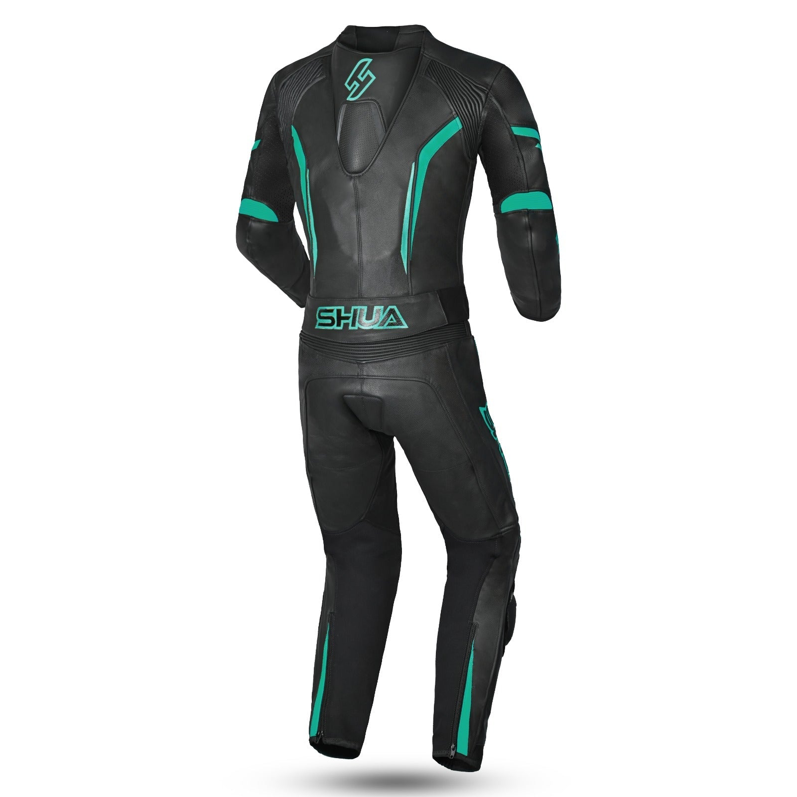 shua infinity lady 2 pc black and terquoise racing suit back side view