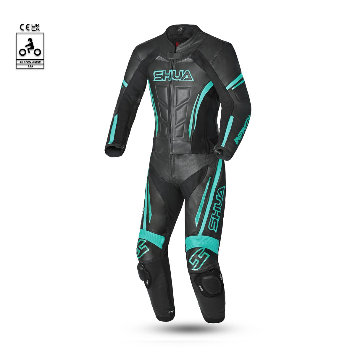 shua infinity lady 2 pc black and terquoise racing suit front side view