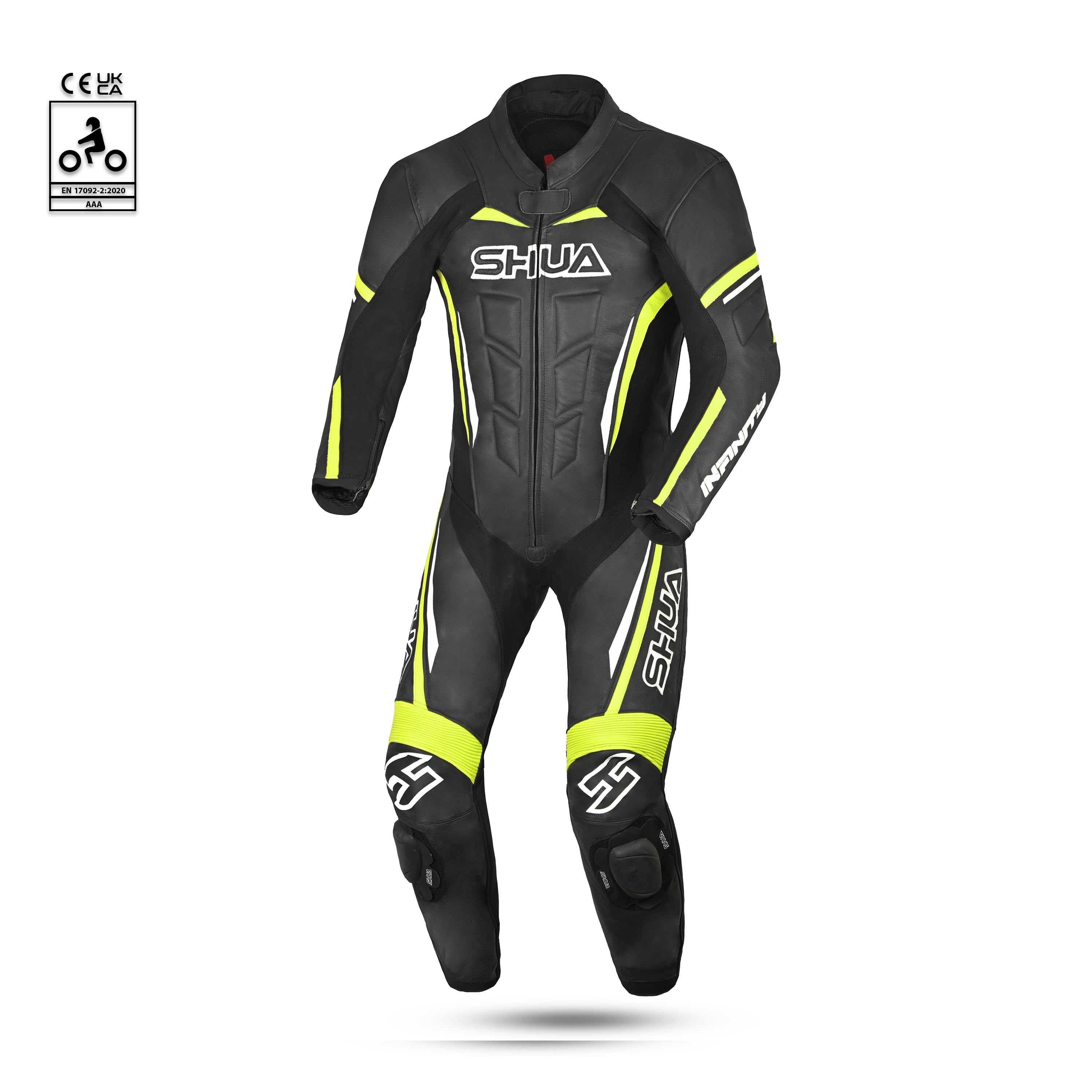 shua infinity 1 pc motorcycle racing leather suit black yellow flouro