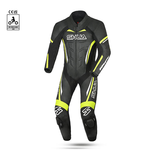 shua infinity 1 pc motorcycle racing leather suit black yellow flouro